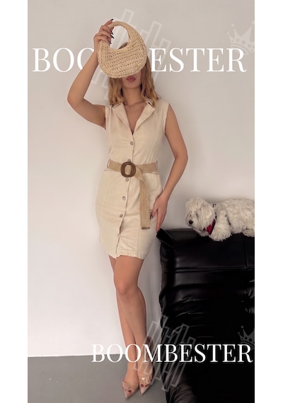 Boombester Kadın Keten Kolsuz Düğmeli Mini Elbise Hasır Kemerli Cepli Yazlık Keten Bej
