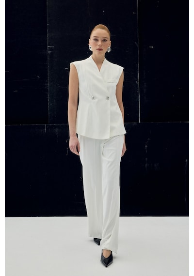 Sateen Anna Çizgili Pantolon - Ekru-137092 Ekru