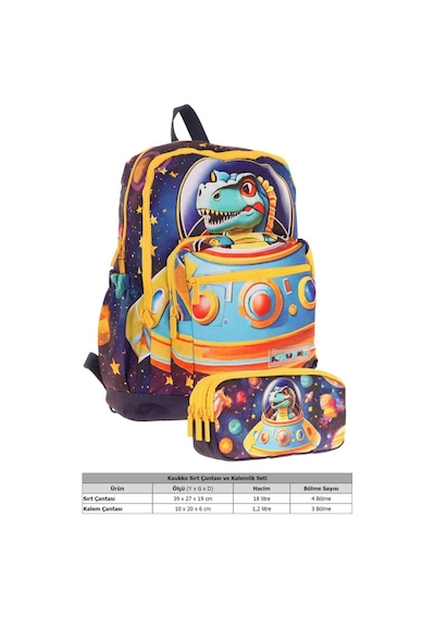 Kaukko Kids Layer Erkek Çocuk Okul Çantası + Kalem Çantası Seti Mavi Sarı - Astronot Dinazor Mavi - Sarı