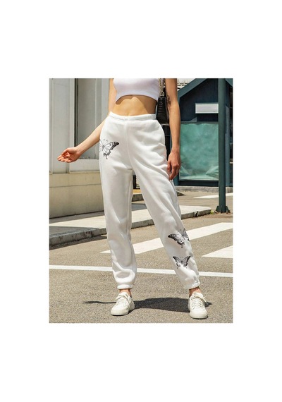 Tarzsokak Butterfly Print Elastic Waist 4 Mevsim Eşofman Beyaz
