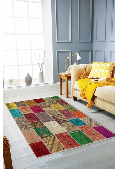 Çok Renkli Patchwork Kaymaz Tabanlı Dekoratif Halı Rv221n11