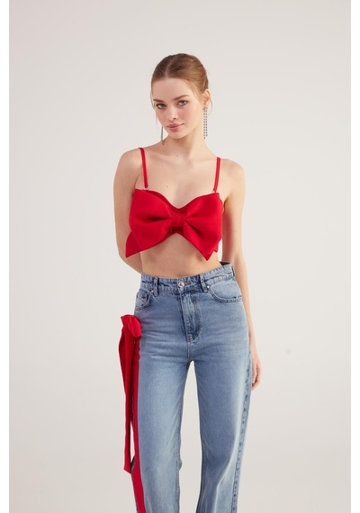 Holly Lolly Kurdele Görünümlü Crop Jazmin Bluz Kırmızı