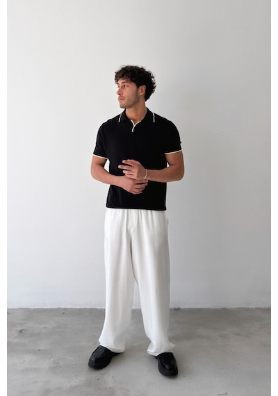 Flaw Polo Yaka Biyeli Triko Tişört-29369 Siyah