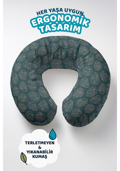Monstera Yapraklı Boyun Yastığı - Tropikal Desen Yeşil Bej Seyahat Yastığı Açık Göl Kül