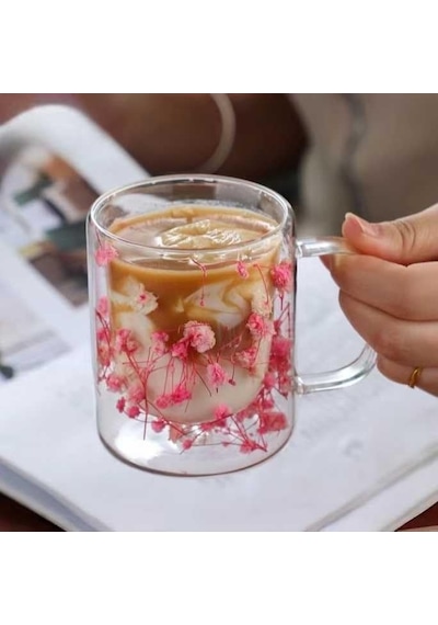 300ml Çift Cidarlı Çiçekli Kupa Isıya Dayanıklı Çift Katmanlı Cam Çay & Kahve Kupası Şık Ve Ergonomik Tasarım Açık Ahşap