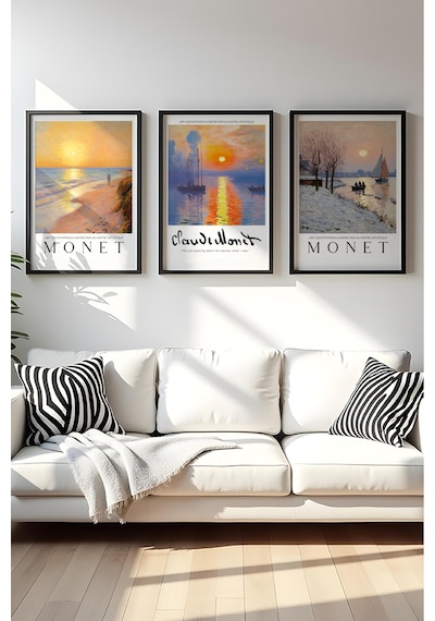 Huhuli Ahşap Siyah Çerçeveli Claude Monet Tablo Seti Huhu561