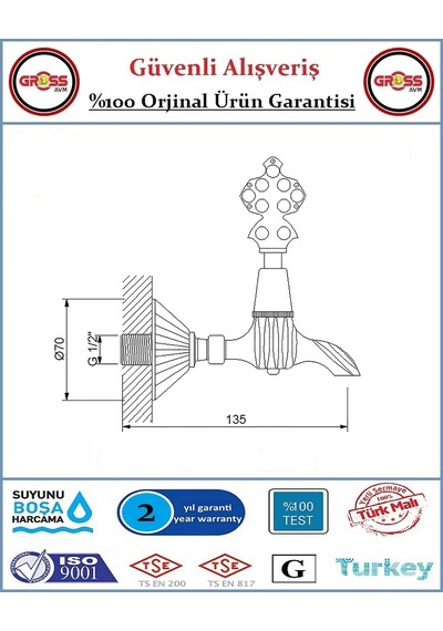 Osmanlı Musluğu - Antik Hamam Çeşmesi - %100 Prinç - Altın Sarısı