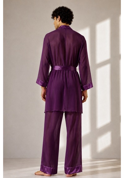 Qmen Style Erkek Şifon Kimono- Pijama - Şort Seti Mor