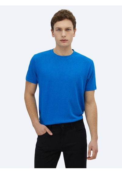 Kip Saks Düz Bisiklet Yaka Pamuk Karışımlı T-shirt Saks