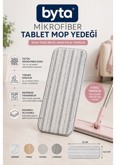 Mikrofiber Tablet Mop Yedeği 32 X 12,5 Cm Yıkanabilir Yedek Mop Bezi
