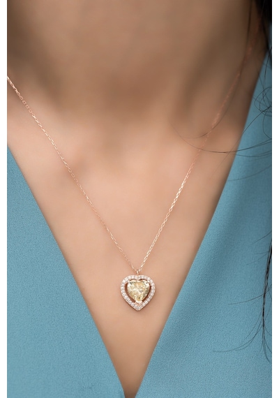 925 Ayar Gümüş Sitrin Taşlı Kalp Model Kolye Rose Gold
