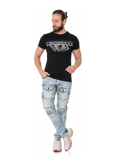 CT721 Renkli Taşlı Siyah Basic Tişört Siyah