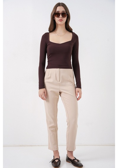 Bigdart Kadın Kare Yaka Slim Fit Bluz 986 - Kahverengi