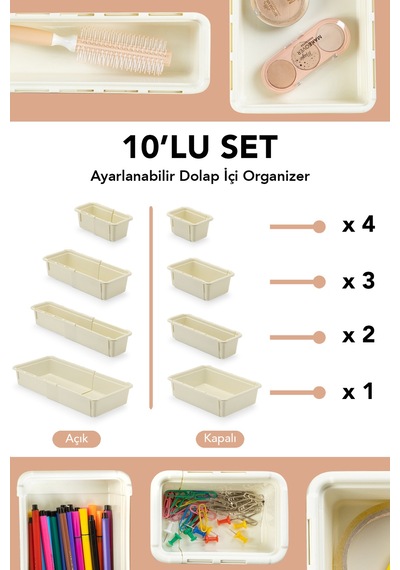 10'lu Uzayan Dolap İçi Düzenleyici - Çok Amaçlı Banyo Mutfak Ofis Çekmece İçi Organizer Set Krem