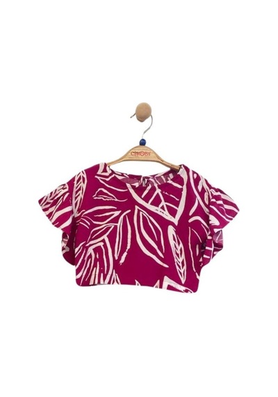 Zekids Kız Çocuk Beli Lastikli Desenli Pantolon Bluz Takım-13948 Fuşya