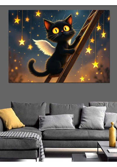 Yıldızlı Gece Kara Kedi Dekoratif Kanvas - Mdf Ahşap Tablo