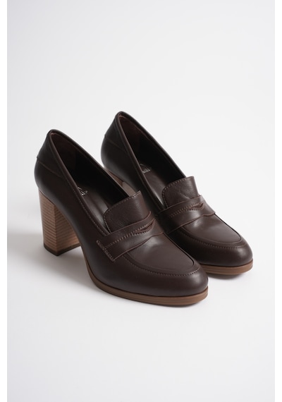 Analin Shoes Kadın Hakiki Deri Saraçlı Klasik Topuklu Ayakkabı Kahve