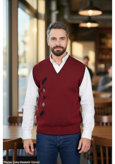 Kamalı Erkek Bordo Tüylenme Yapmayan Anti-pilling Standart Fit Normal Kesim V Yaka Triko Süveter