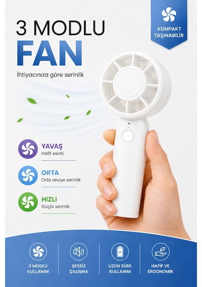 Turbo 3 Mod Şarjlı El Fanı 3 Kademe Seyahat Masaüstü Vantilatör Taşınabilir Mini Fan Beyaz F130