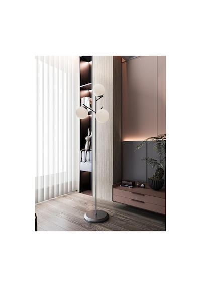 Aura Siyah Metal 3'lü Beyaz Cam Küre Lambader Modern Dekoratif Ayaklı Lambader, Salon, Oturma Odası, Yatak Odası Köşe Aydınlatması, E27 Duy Uyumlu