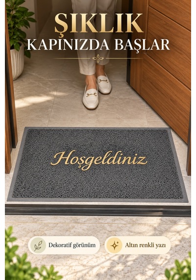 Gri 40x70 Cm Hoşgeldiniz Yazılı Kapı Önü Paspası Kıvırcık Dokulu Altın Yazılı Dekoratif Ev Paspası