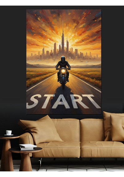 Ahşap Tablo Yolda Motosiklet Sürücüsü Start