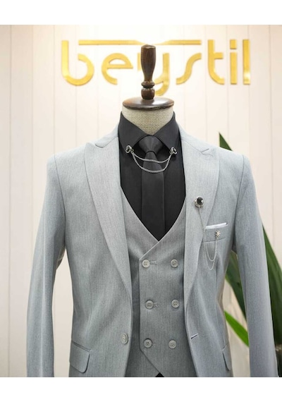 Bys Beystil Sivri Yaka Gri Yelekli Takım Elbise Nikol - Slim Fit