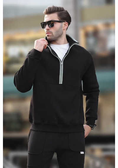 Madmext Siyah Dik Yaka Yarım Fermuarlı Sweatshirt 7079 Siyah