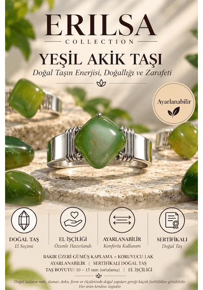 Sertifikalı Doğal Yeşil Akik Taşı Ayarlanabilir El İşçiliği Gümüş Çok renkli