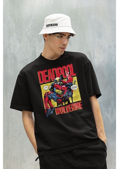 Marvel Wolverine X Deadpool Baskılı Unisex Tişört, Oversize Film Siyah