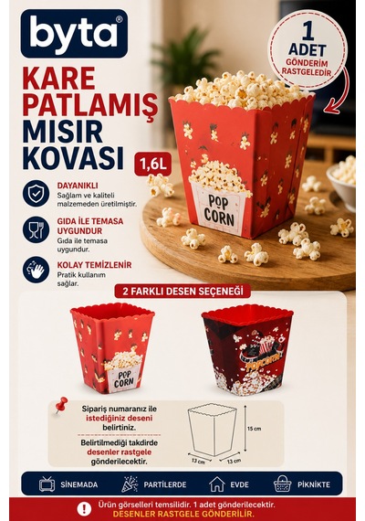 1,6 L Plastik Kare Patlamış Mısır Kovası Sinema Temalı Popcorn Servis Kovası, 1 Adet Bpa İçermez Desenler Rastgele Gönderilir