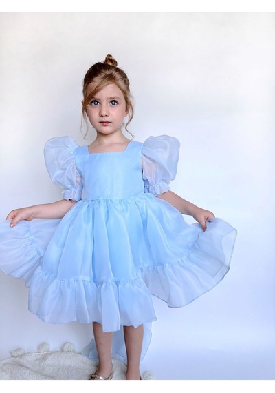 Linola Baby Kids Puffy Şifon Kız Çocuk Parti Elbisesi Mavi
