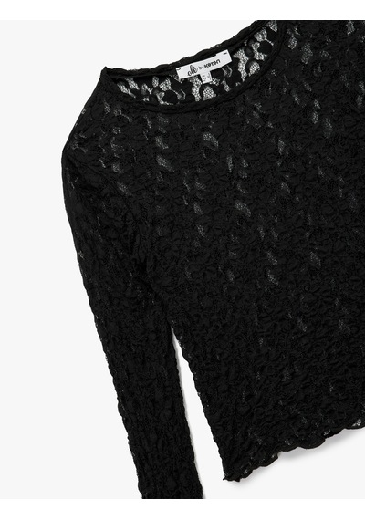Koton Slim Fit Uzun Kollu Bisiklet Yaka Dantel Bluz Siyah 6wal60001ık Siyah
