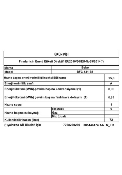 Beko BFC 431 B1 72 L Buhar Destekli Fırın