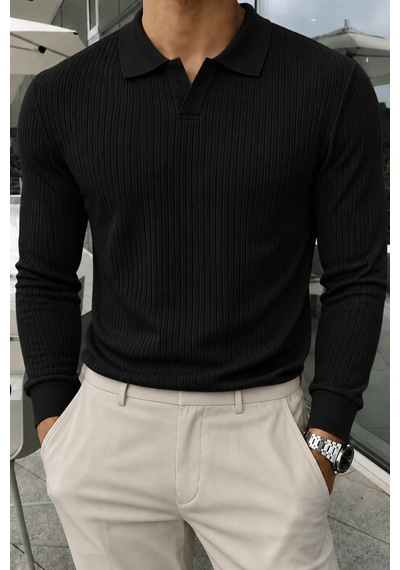 Genius Store Erkek Polo Yaka Kazak Fitilli Anti Pilling Tüylenme Yapmaz Regular Fit Erkek Triko Kazak Pyaka-kzk Siyah