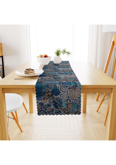 Geometrik Desenli Renkli Mavi Lacivert Dijital Baskılı Süet Dokuma Runner 40x140
