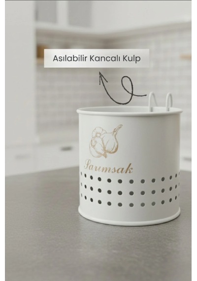 Metal Lüx Asılabilir Siyah Sarımsaklık Kovası Sarımsak Saklama Kabı Beyaz