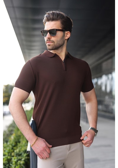 Madmext Kahverengi Yarım Fermuarlı Polo Yaka Triko Erkek Tişört E7459 Kahverengi