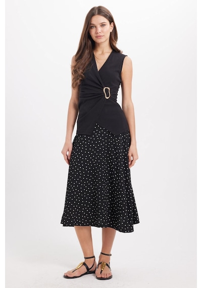 Tudors Kadın Slim Fit Dar Kesim Sıfır Kol Kruvaze Yaka Tokalı Pamuklu Likralı Siyah Bluz-50949
