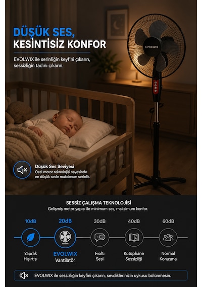 Evolwix 16'' İnç Siyah Ayaklı Vantilatör