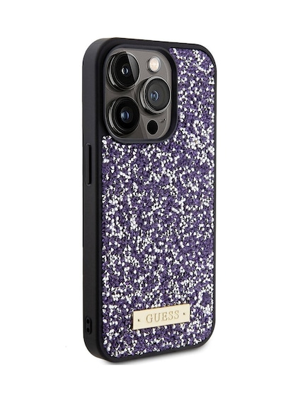 Apple Uyumlu iPhone 15 Pro Kılıf Guess Lisanslı Taşlı Arka Yüzey Metal Yazı Logolu Kapak Siyah
