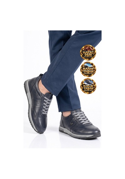 Castle Black Lacivert Hakiki Deri Bağcıklı Erkek Casual Sneaker Ayakkabı 42172