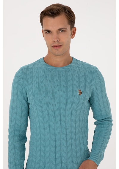 U.S. Polo Assn. Erkek Slim Fit Bisiklet Yaka Desenli Mint Kazak 50307836-VR152