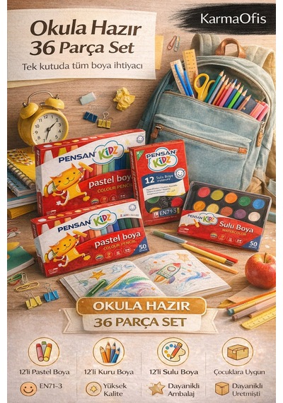 36 Parça Boyama Seti 12 Li Pastel, 12 Li Kuru Boya, 12 Li Sulu Boya Tamamı Yerli Üretim