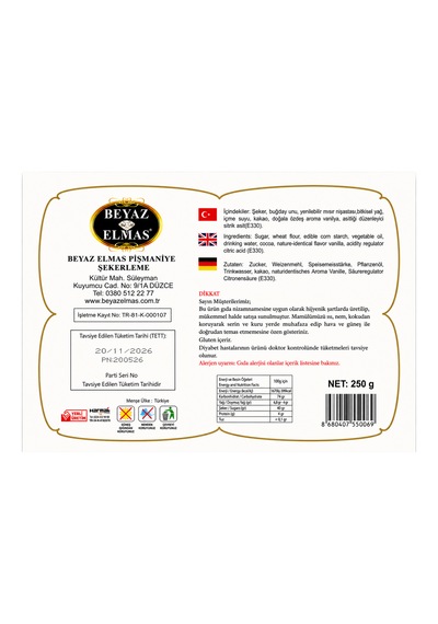 Beyaz Elmas Büyük Boy Pişmaniye 250 Gr - Kakaolu Geleneksel Türk Pişmaniyesi - Tel Helva