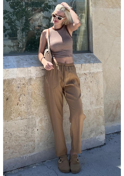 Madmext Camel Ayarlanabilir Bel Rahat Kesim Pantolon Mg2161 Camel