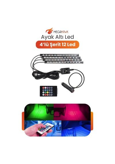 Araç İçi Ayak Altı Rgb Led Ambiyans Seti Müzik Sensörlü Kumandalı 4 Lü Şerit 12v Çakmak Girişli