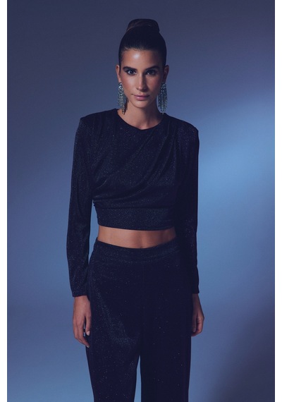 Sateen Vatkalı Simli Bluz - Siyah-135321 Siyah