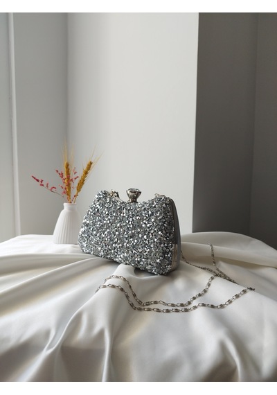 Vivazzaluxe Kristal Taşlı Kadın Abiye, Clutch Çanta Gümüş