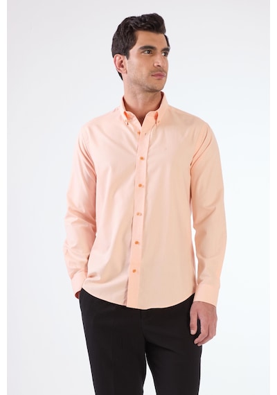 Dufy Somon Erkek Slim Fit Düz Brent Düğmeli Yaka Uzun Kol Gömlek - 102484 Somon